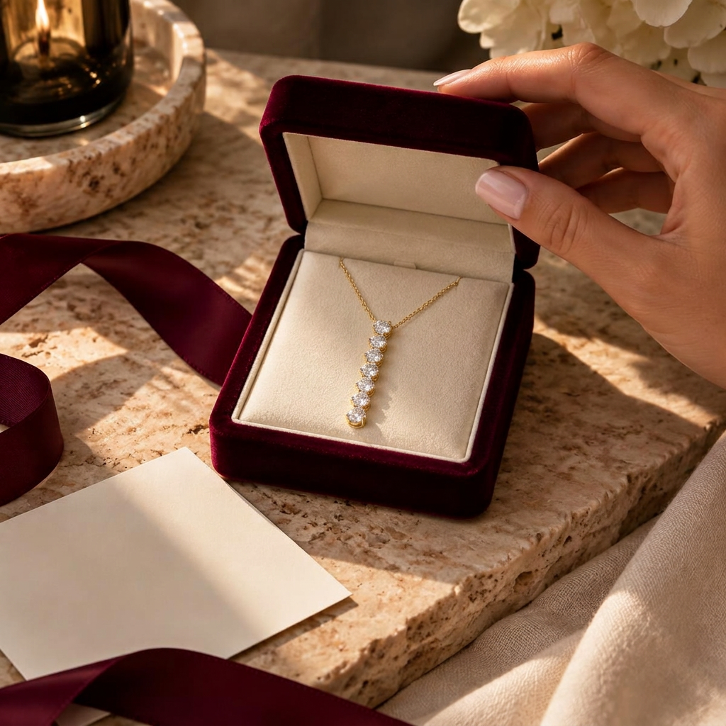 Signature burgundy gift box with yellow-gold jewelry and an ivory card