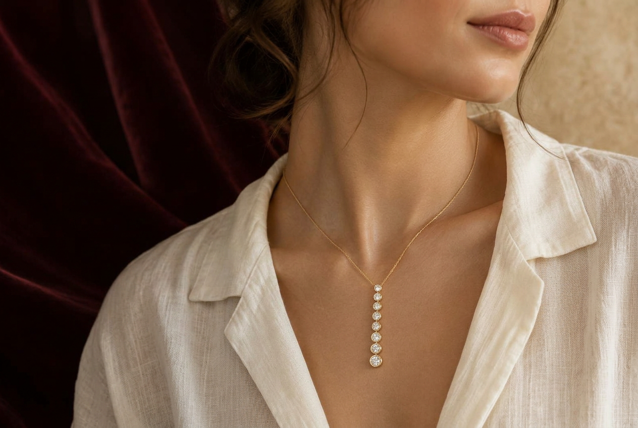 Seven-stone lab-grown diamond pendant on a fine yellow-gold chain